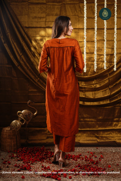 Stitched 2Pc Cotton Silk Suit Set - Golden Tangerine