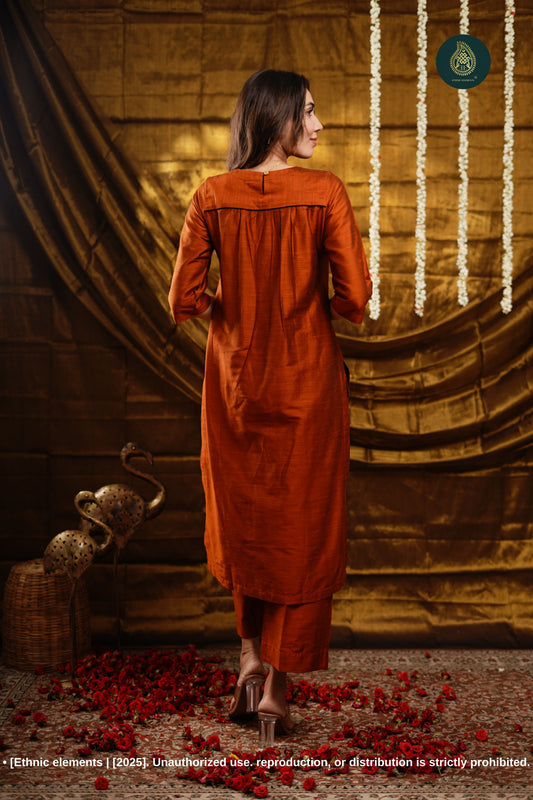 Stitched 2Pc Cotton Silk Suit Set - Golden Tangerine