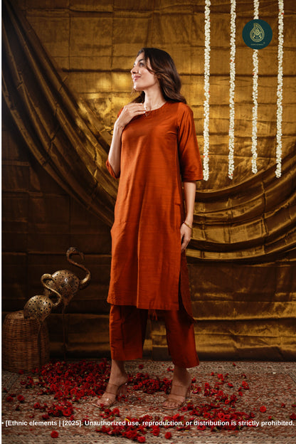 Stitched 2Pc Cotton Silk Suit Set - Golden Tangerine