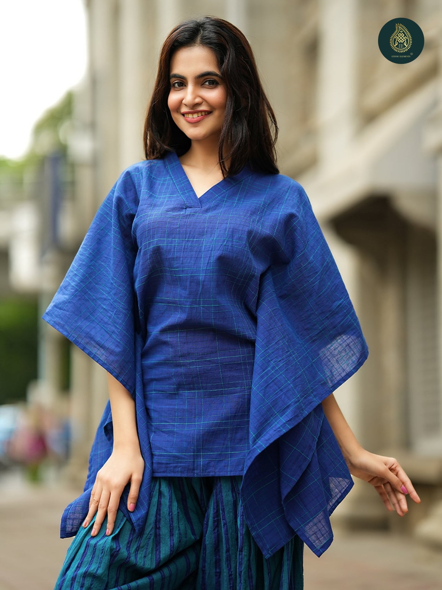 Royal Blue Handloom Cotton kaftan Top & Striped  farsi salwar For Women