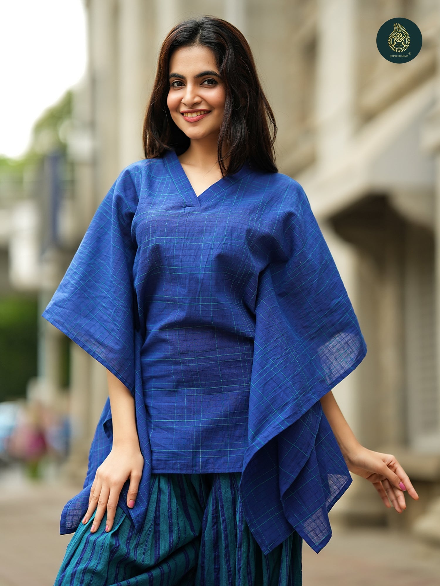 Royal Blue Handloom Cotton kaftan Top & Striped  farsi salwar For Women