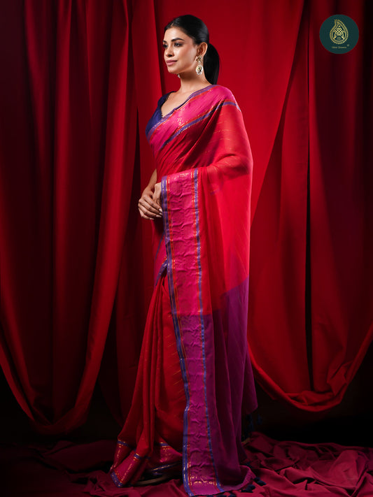 Rani Pink Mul Cotton Saree with Purple Contrast Pallu & Woven Border For Women