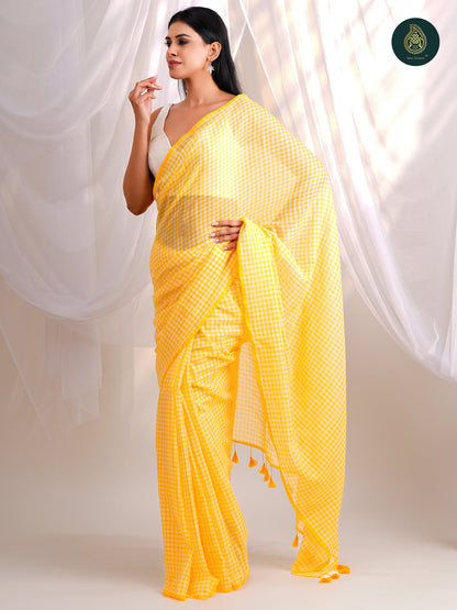 Sunshine Yellow Gingham Checks Mul Cotton Saree