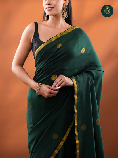 Forest Green Jamdani Zari Mul Cotton Saree with Gold Border & Tassels For Women