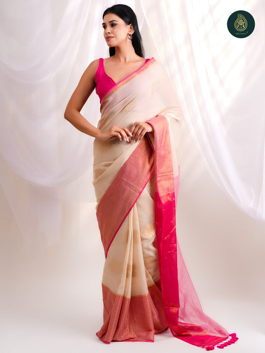 Elegant cream - Mul Cotton Saree with Zari Border with Traditional Buttis