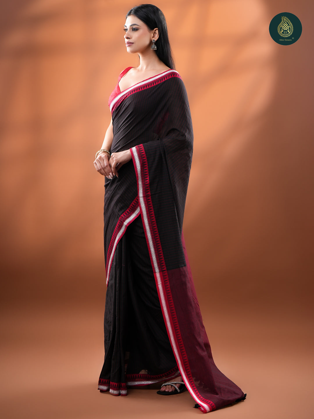 Black - Mul Cotton Saree with Temple Border & Silver Zari