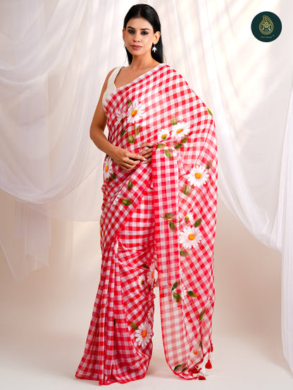 Crimson Red Checked Mul Cotton Saree with Hand-Painted Daisies
