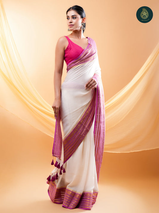 Ivory Mul Cotton Saree with Lavender & Gold Striped Border For women