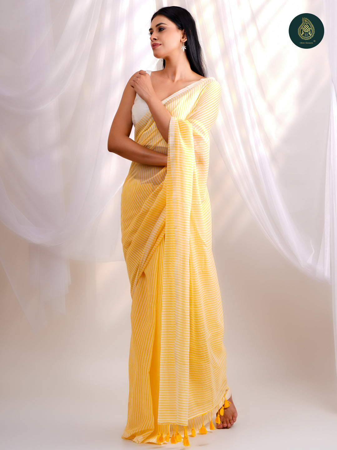 Fresh Yellow - Mul Cotton Saree with White Stripe Design