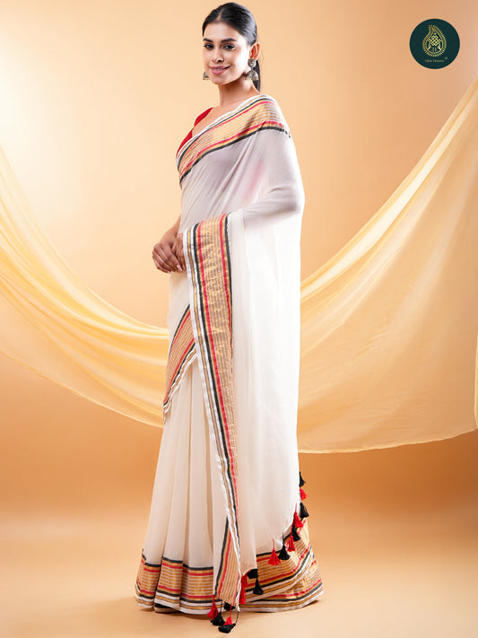 Off White Mul Cotton Saree with Woven Zari Border & Contrast Tassel Pallu