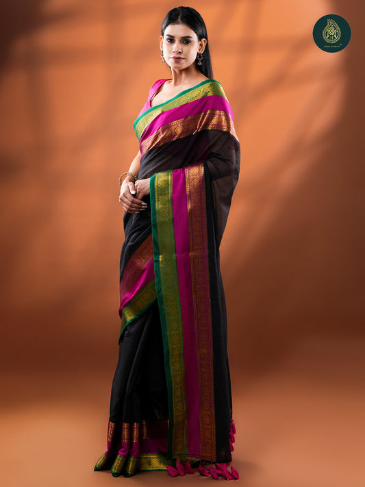 Black Mangalagiri Mul Cotton Loom Saree with Magenta & Green Zari Border For Women