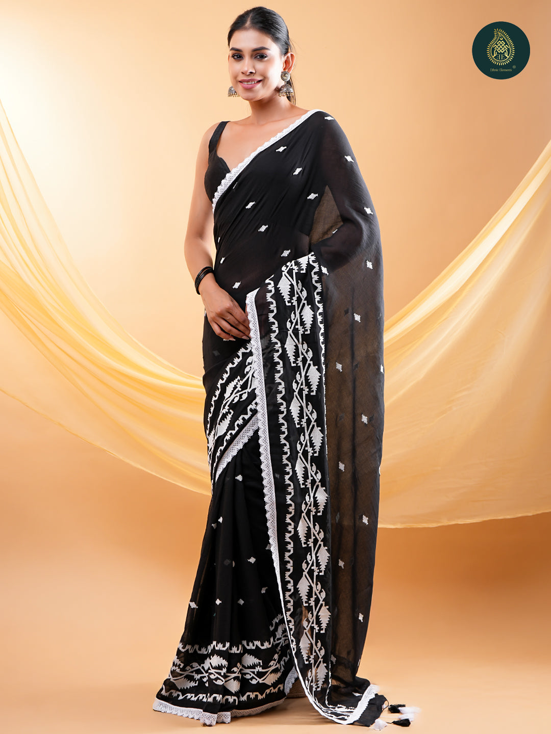 Black - Embroidery Mul Cotton Saree with Soft Tassel Finish