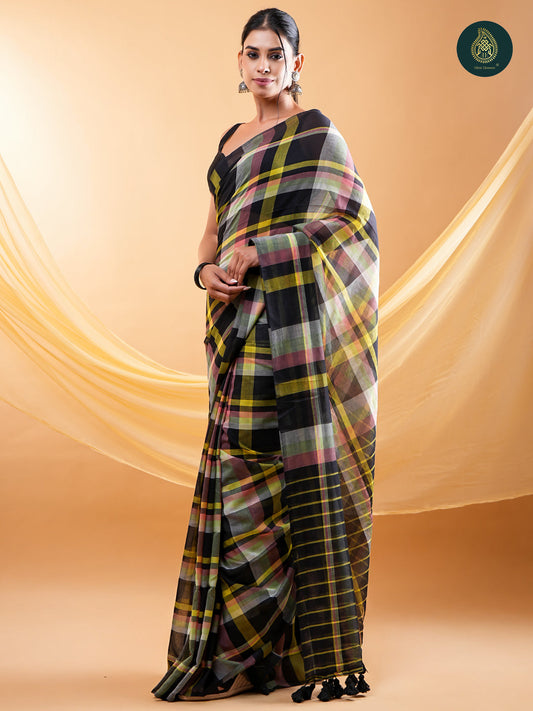 Vibrant Multi-Colour Checked - Mul Cotton Saree with Handcrafted Tassels