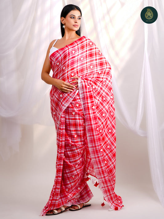 Checks Heart Mulmul Cotton Saree -  Handpainted