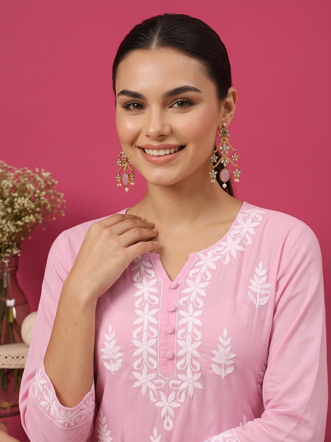 Janasya Women's Light Pink Pure Cotton Embroidered Straight Kurta
