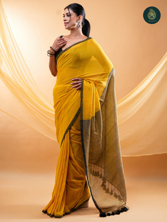 Radiant Mustard Yellow -  Mul Cotton Saree with Contrast Black Border