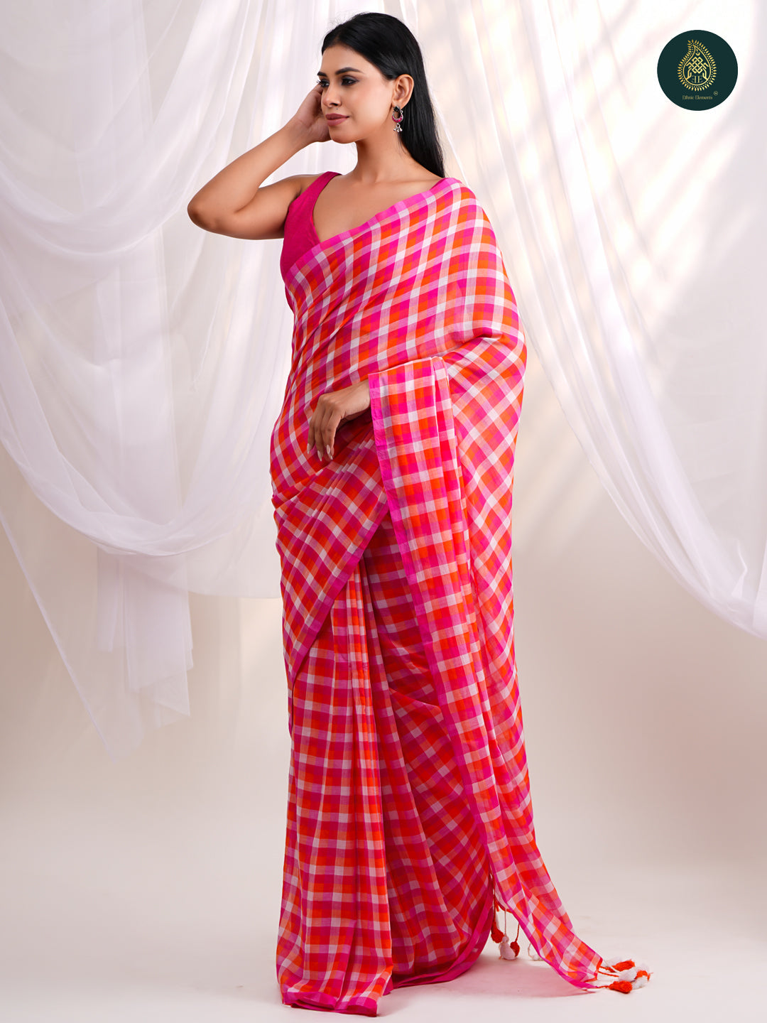 Bright Pink Mul Cotton Saree with Handcrafted Tassels For Women