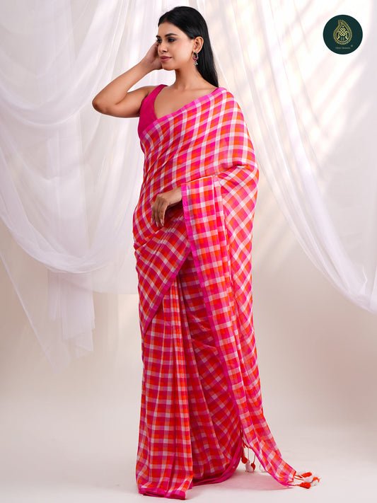 Bright Pink Mul Cotton Saree with Handcrafted Tassels For Women