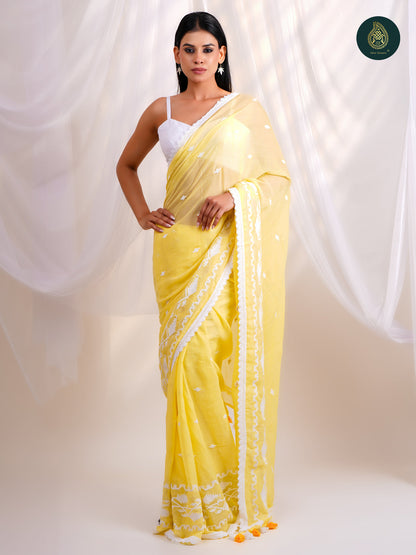 Luminous Yellow - Jamdani Embroidery Mul Cotton Saree with Soft Tassel Finish