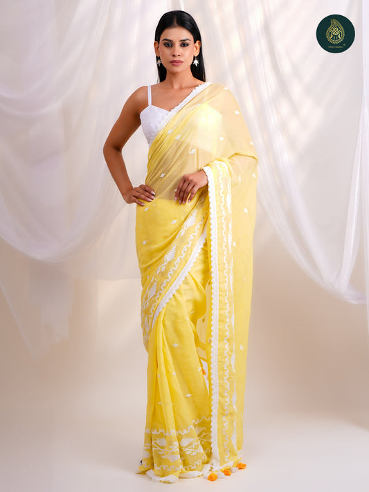 Luminous Yellow - Jamdani Embroidery Mul Cotton Saree with Soft Tassel Finish