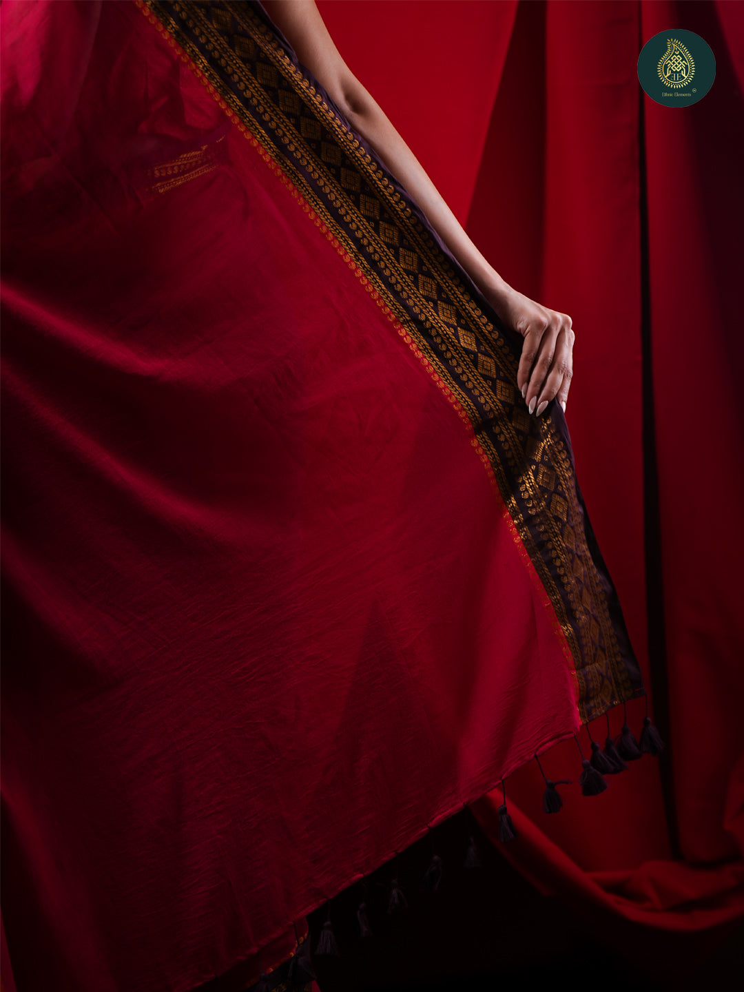Crimson Red Mul Cotton Saree with Black & Gold Woven Border For Women