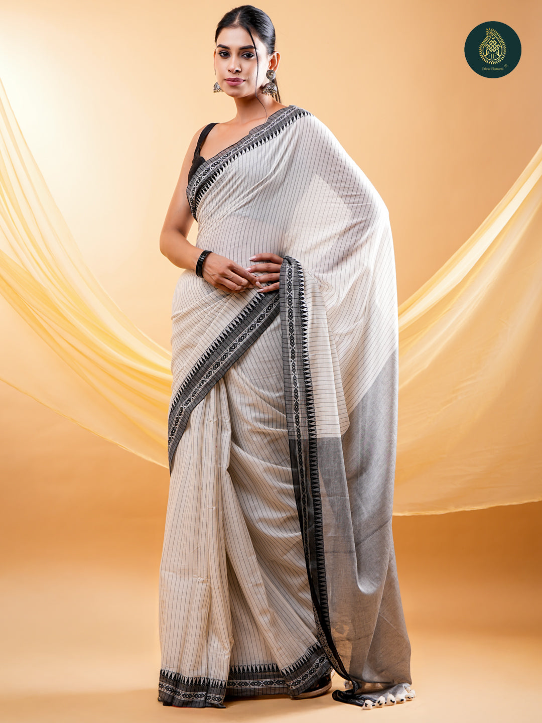 Stately Off-White -  Mul Cotton Saree with Traditional Temple Border