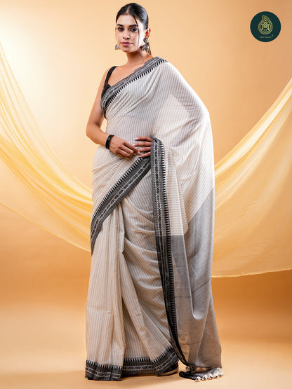 Stately Off-White -  Mul Cotton Saree with Traditional Temple Border