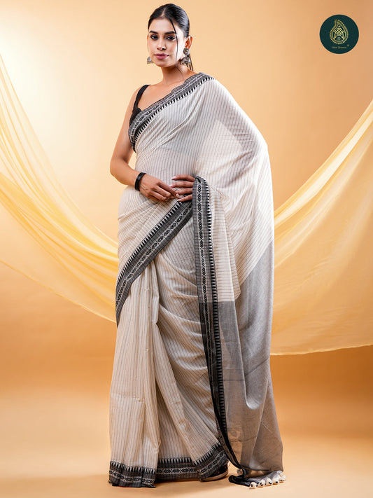Stately Off-White -  Mul Cotton Saree with Traditional Temple Border