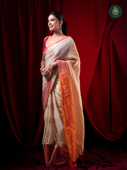 Ivory White Jamdani Zari Mul Cotton Saree For Women