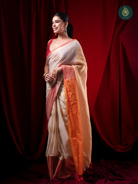 Ivory White Jamdani Zari Mul Cotton Saree For Women