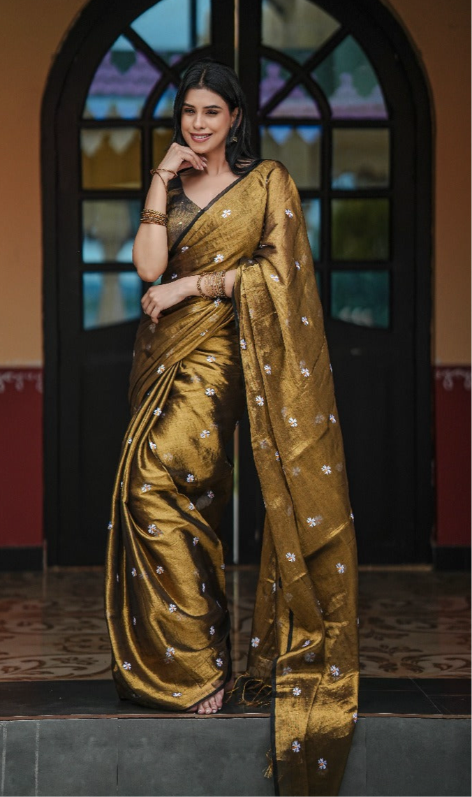 Mul Cotton Tissue Shiuli Saree - Golden Olive