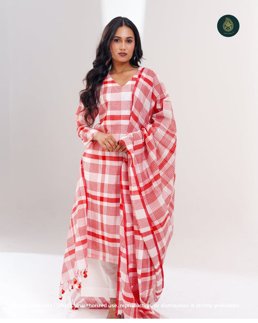 Stitched 3Pc Cotton Suit Set Cherry Checks Cotton