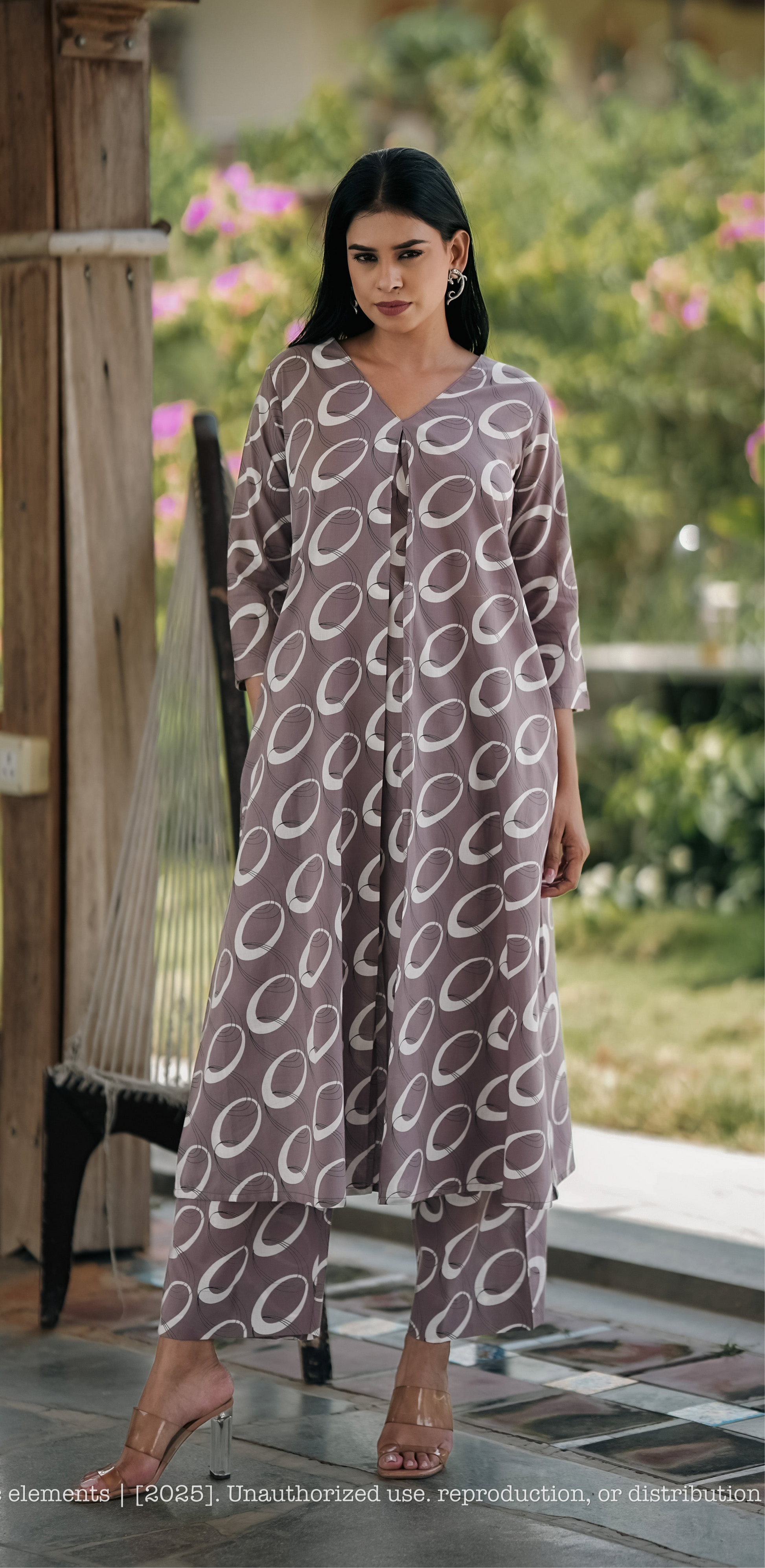 Stitched 2Pc Cotton Suit Set - Mocha Ring