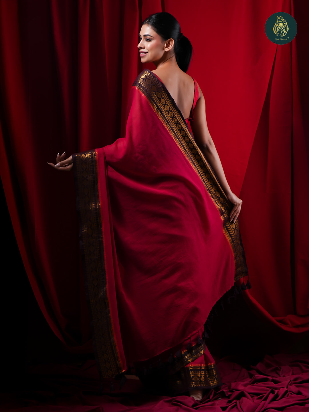Crimson Red Mul Cotton Saree with Black & Gold Woven Border For Women
