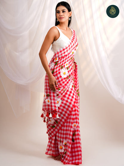 Crimson Red Checked Mul Cotton Saree with Hand-Painted Daisies