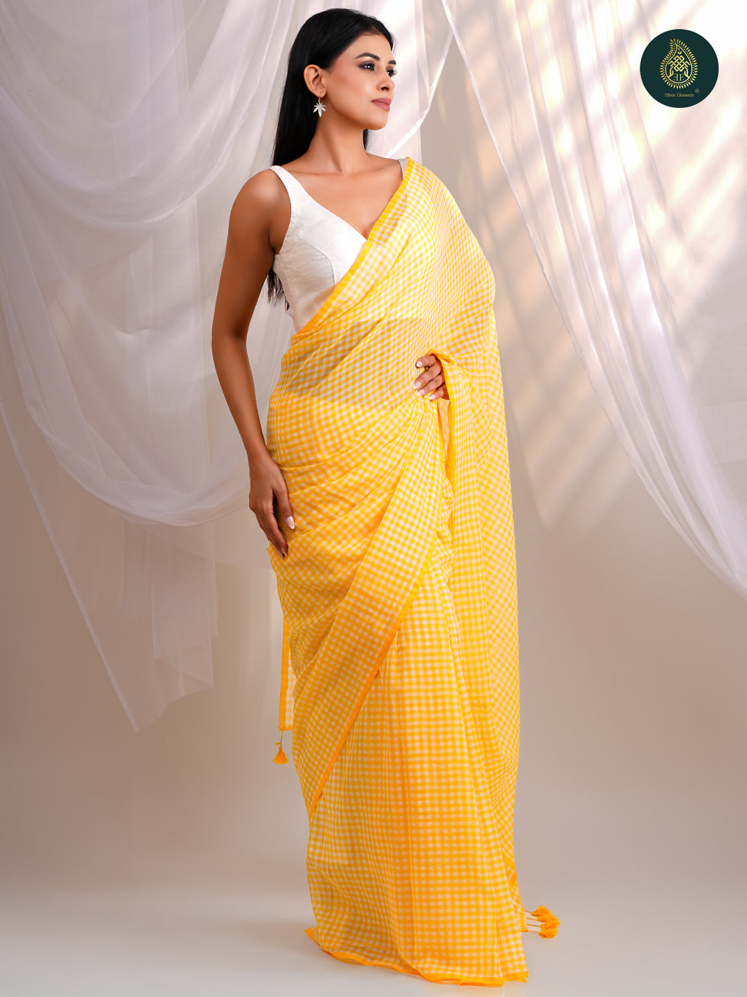 Sunshine Yellow Gingham Checks Mul Cotton Saree