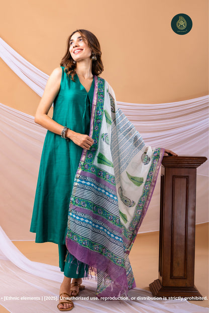 Stitched 3 Pc Cotton Silk Suit Set - Emerald Green