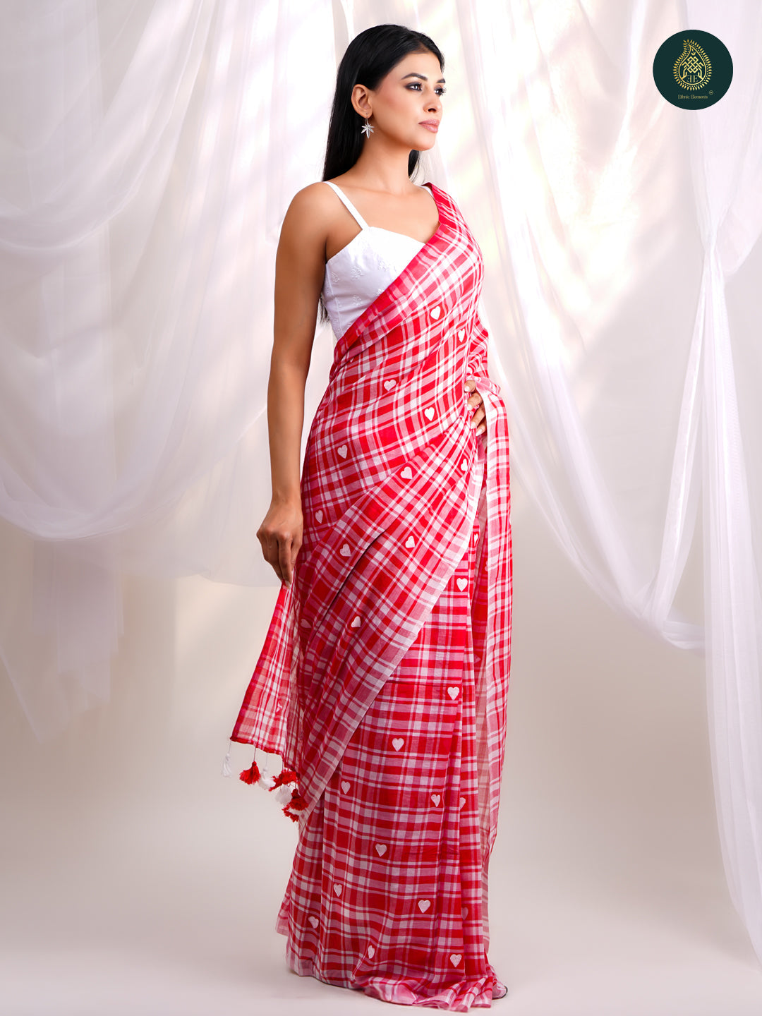 Checks Heart Mulmul Cotton Saree -  Handpainted