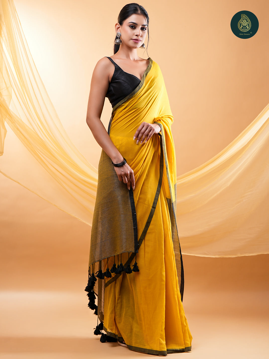 Radiant Mustard Yellow -  Mul Cotton Saree with Contrast Black Border