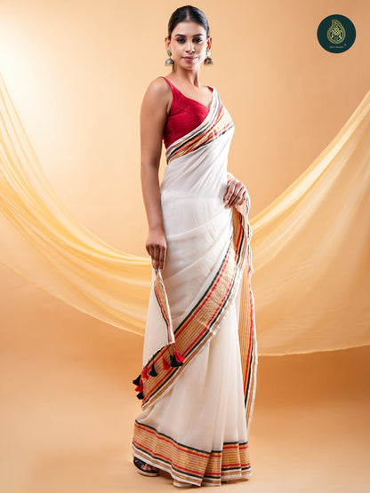 Off White Mul Cotton Saree with Woven Zari Border & Contrast Tassel Pallu