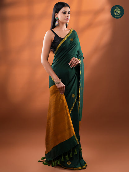 Forest Green Jamdani Zari Mul Cotton Saree with Gold Border & Tassels For Women