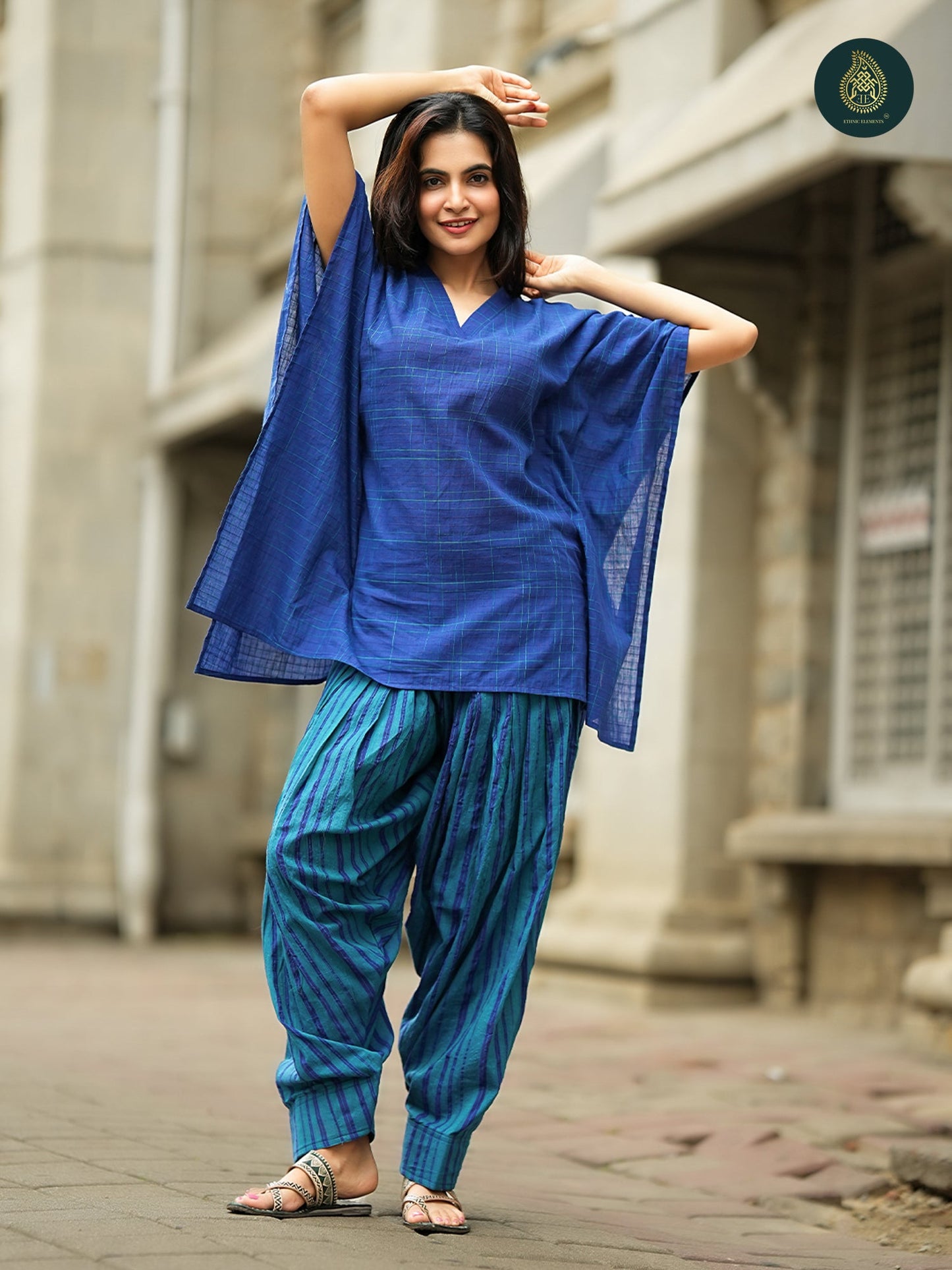 Royal Blue Handloom Cotton kaftan Top & Striped  farsi salwar For Women