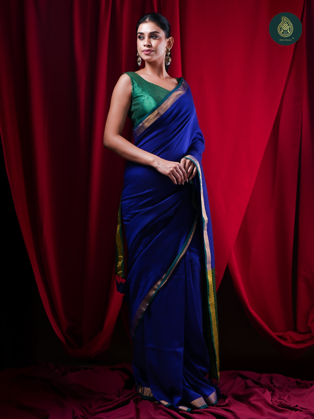 Royal Blue Pure Cotton Saree with Emerald Zari Border For Women