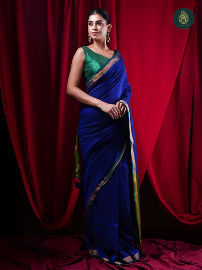 Royal Blue Pure Cotton Saree with Emerald Zari Border For Women