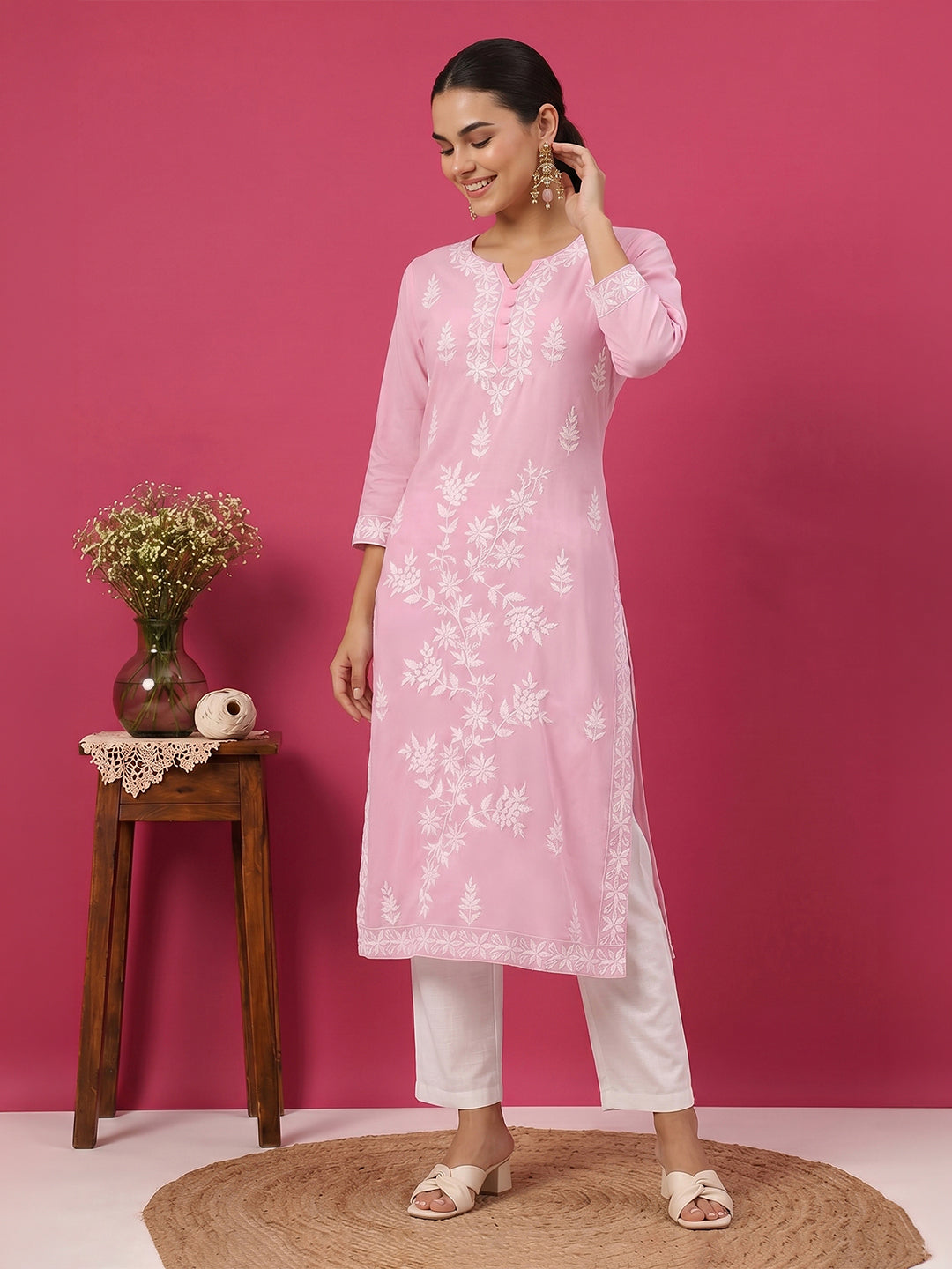 Janasya Women's Light Pink Pure Cotton Embroidered Straight Kurta