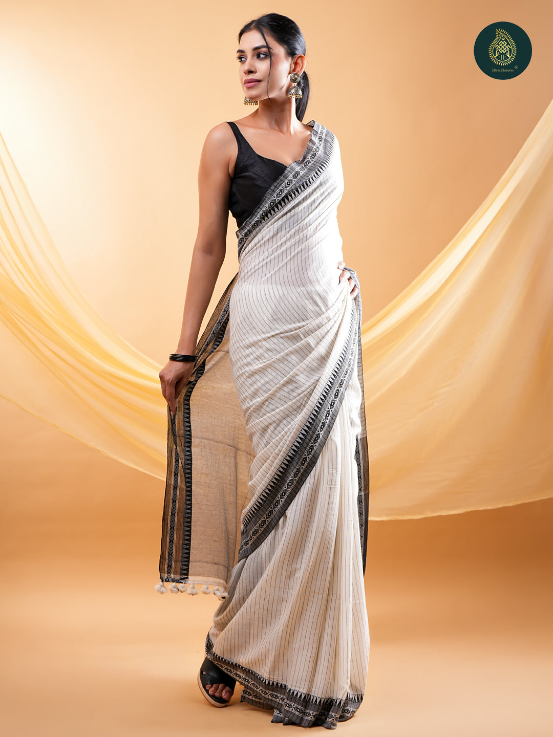 Stately Off-White -  Mul Cotton Saree with Traditional Temple Border