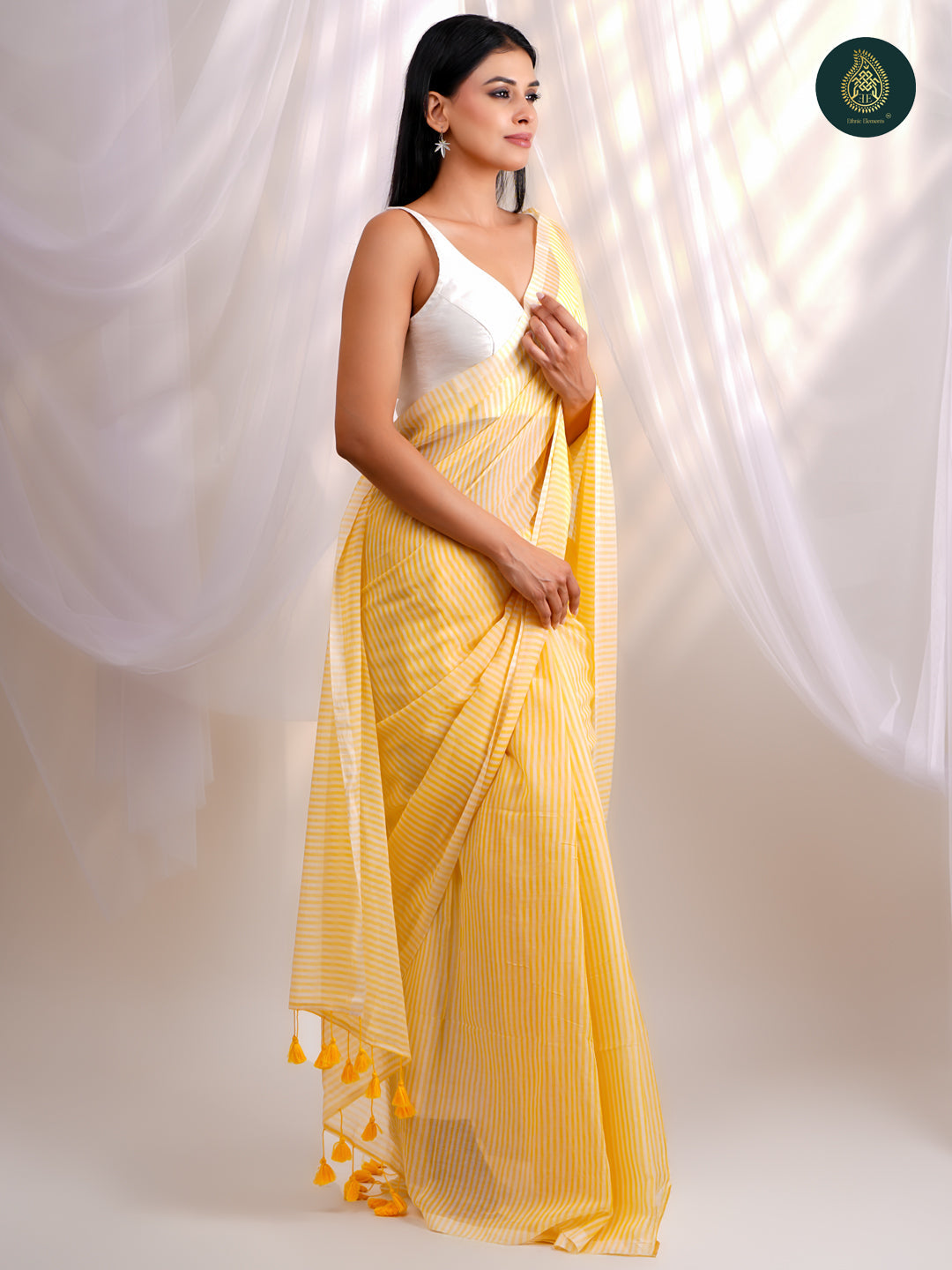 Fresh Yellow - Mul Cotton Saree with White Stripe Design
