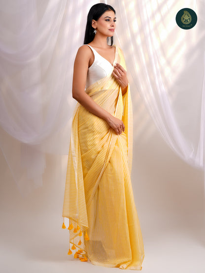 Fresh Yellow - Mul Cotton Saree with White Stripe Design