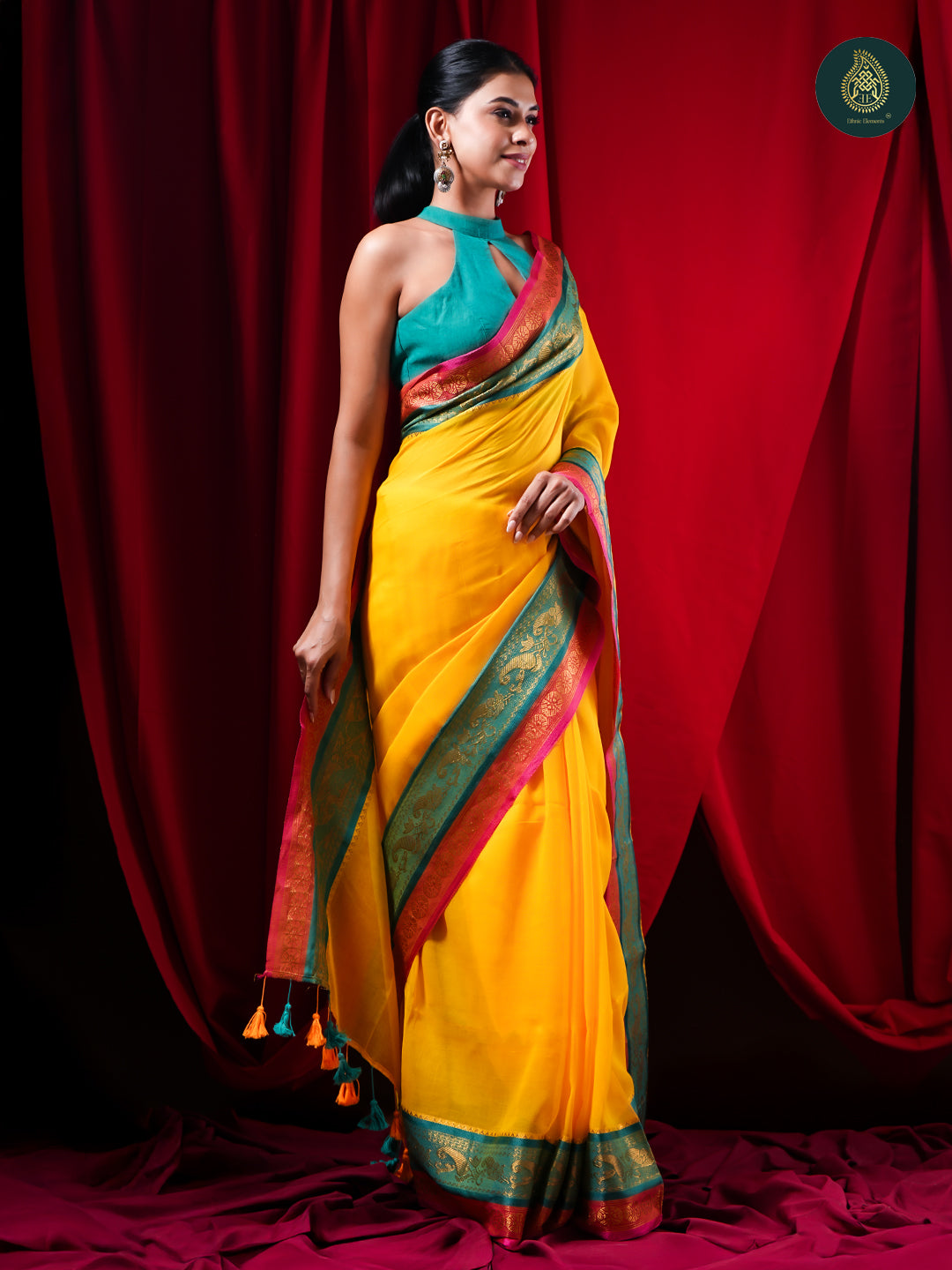 Sunlit Yellow Mul Cotton Saree with Teal Zari Border For women