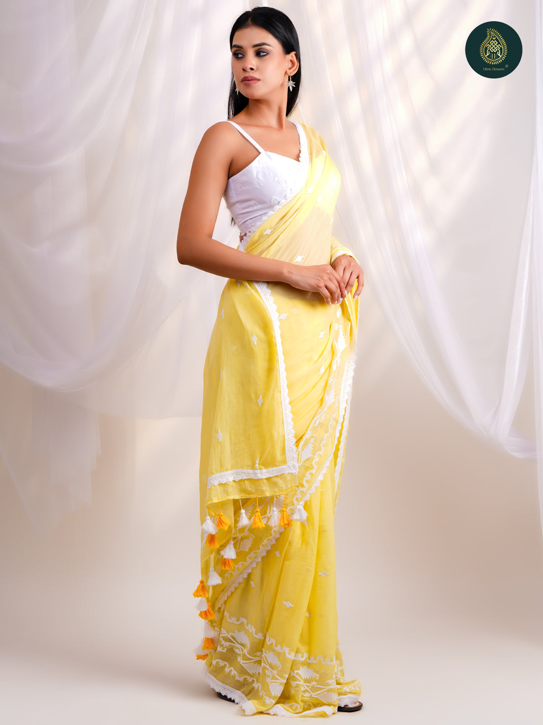 Luminous Yellow - Jamdani Embroidery Mul Cotton Saree with Soft Tassel Finish
